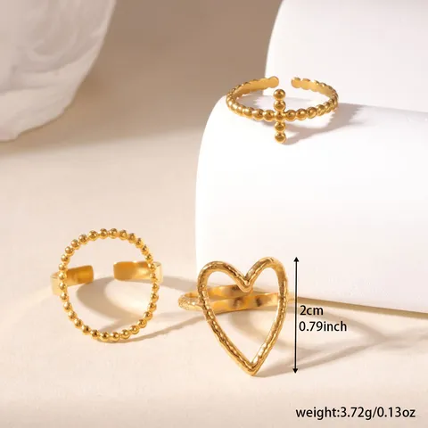 3Pcs Minimalist Stainless Steel Open Ring Set For Women Hollow Heart Cross Beaded Adjustable Rings Fashion Jewelry Gift
