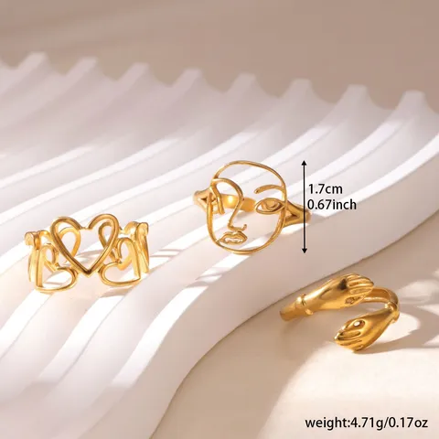 Minimalist Stainless Steel 18K Gold Plated Ring Set For Women Men Niche Design Artistic Mask Heart Hugging Hands Adjustable Open Finger Rings Fashion Jewelry Gift