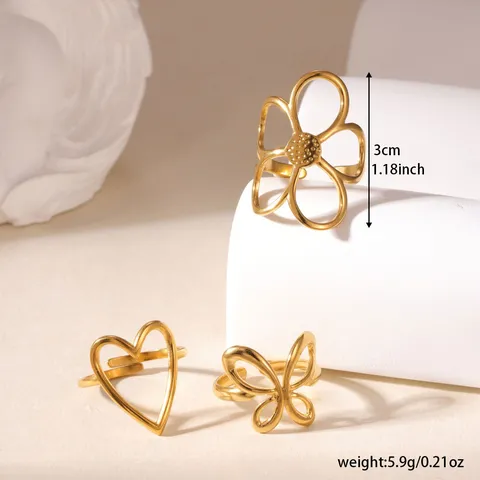 Stainless Steel 18K Gold Plated Open Ring Set For Women Hollow Flower Heart Butterfly Adjustable Finger Ring Fashion Jewelry Gift