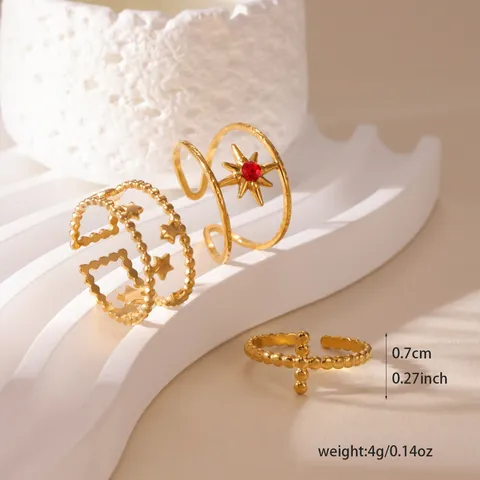 Stainless Steel Cross Star Open Ring Set For Women Men 18K Gold Plated Adjustable Geometric Finger Ring Set Fashion Jewelry Gift