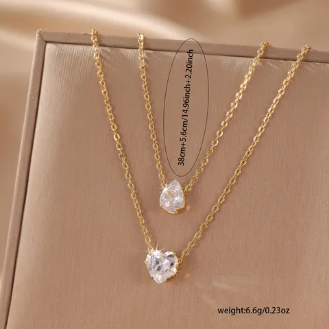 Elegant Stainless Steel 18K Gold Plated Heart Waterdrop Zirconia Double Layered Necklace For Women Minimalist Jewelry Gift
