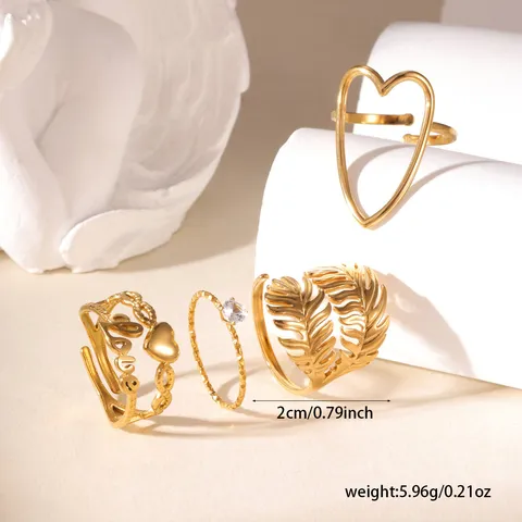 Stainless Steel 18K Gold Plated Heart Leaf Rhinestone Open Rings For Women Jewelry Light Luxury Elegant Love Band Finger Rings