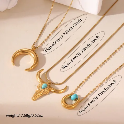Stainless Steel Bull Head Horseshoe Crescent Moon Layered Necklace Set Bohemian Turquoise Pendant Jewelry For Women Gift