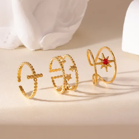Stainless Steel Cross Star Open Ring Set For Women Men 18K Gold Plated Adjustable Geometric Finger Ring Set Fashion Jewelry Gift