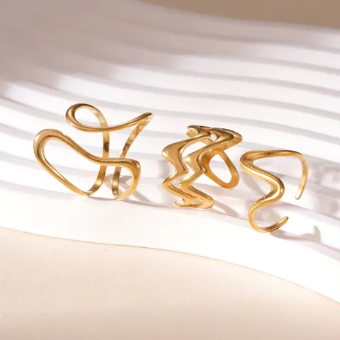 Minimalist 18K Gold Plated Stainless Steel Ring Set For Women Geometric Line Wave Open Adjustable Jewelry Banquet Daily Gift