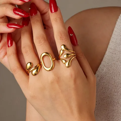 Minimalist Stainless Steel Geometric Hollow Open Ring For Women Jewelry Gift Oval Fluid Shape Gold Plated Adjustable Band Finger Ring
