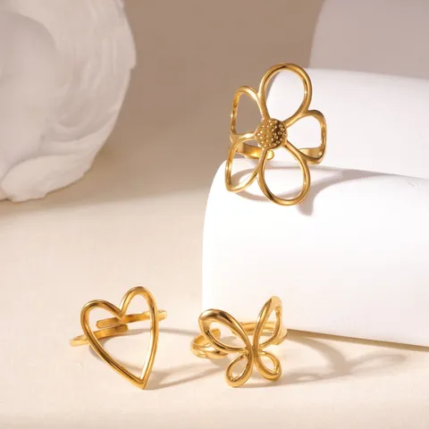 Stainless Steel 18K Gold Plated Open Ring Set For Women Hollow Flower Heart Butterfly Adjustable Finger Ring Fashion Jewelry Gift