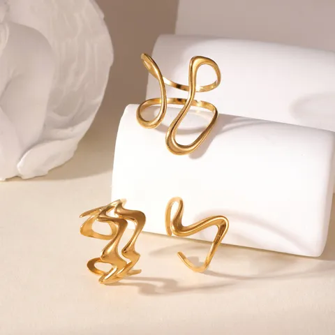 Minimalist 18K Gold Plated Stainless Steel Ring Set For Women Geometric Line Wave Open Adjustable Jewelry Banquet Daily Gift