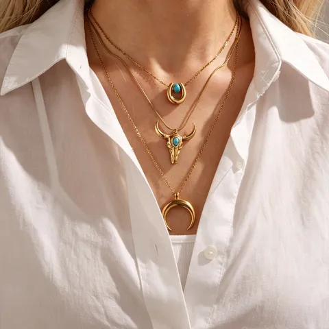 Stainless Steel Bull Head Horseshoe Crescent Moon Layered Necklace Set Bohemian Turquoise Pendant Jewelry For Women Gift