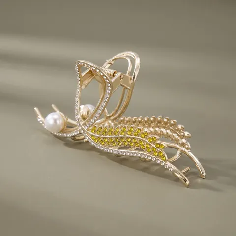 Pince à Cheveux en Métal Épi de Blé Doré Style Coréen Strass Perle Artificielle Pince Requin Accessoire de Chignon Élégant pour Femme