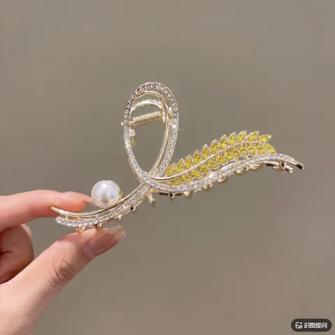 Pince à Cheveux en Métal Épi de Blé Doré Style Coréen Strass Perle Artificielle Pince Requin Accessoire de Chignon Élégant pour Femme