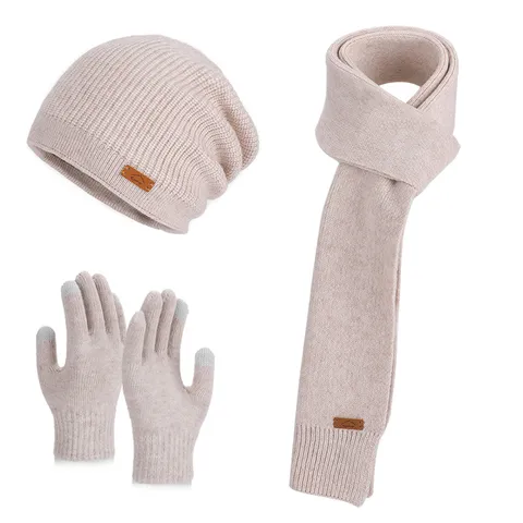 Ensemble Bonnet Écharpe Gants Tricotés Chauds pour Femmes Doublé en Polaire Bonnet Thermique Gants Écran Tactile