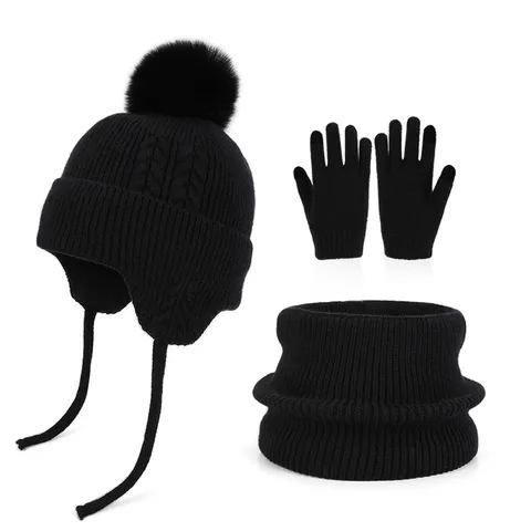 Children Winter Knitted Hat Neck Warmer Gloves Three Piece Set Fleece Lined Pom Pom Ear Flap Beanie Warm Set For Boys Girls