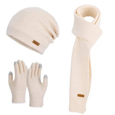 Ensemble Bonnet Écharpe Gants Tricotés Chauds pour Femmes Doublé en Polaire Bonnet Thermique Gants Écran Tactile