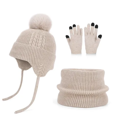 Children Winter Knitted Hat Neck Warmer Gloves Three Piece Set Fleece Lined Pom Pom Ear Flap Beanie Warm Set For Boys Girls
