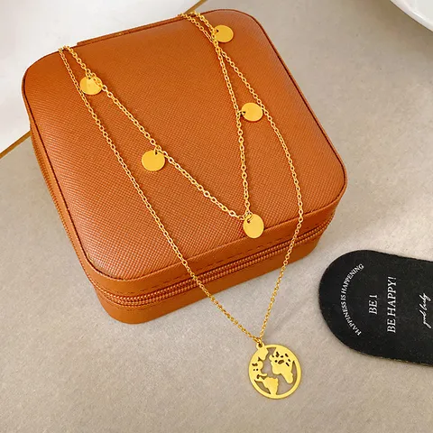 Titanium Steel World Map Pendant Necklace For Women Double Layer Gold Plated Geometric Round Disc Fashion Jewelry Daily Travel Gift
