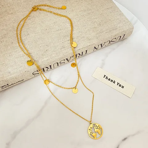 Titanium Steel World Map Pendant Necklace For Women Double Layer Gold Plated Geometric Round Disc Fashion Jewelry Daily Travel Gift