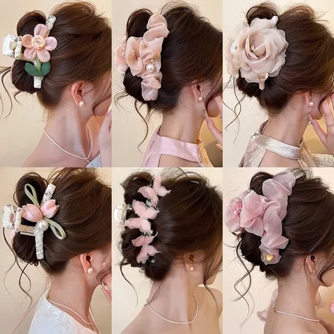 Elegant Pink Flower Hair Claw Clip Large Resin Fabric Butterfly Shark Clip With Artificial Pearl For Women Updo Hair Accessory