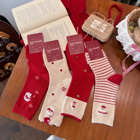 Women's Korean Sweet Cartoon Sheep Crew Socks Red White Striped Flocked Cotton Blend Mid-Calf Socks Festive Christmas New Year Gift
