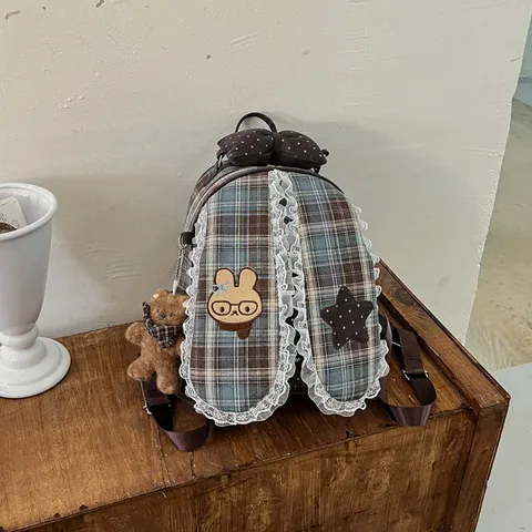 Sac à Dos Coréen à Carreaux et Dentelle Kawaii Nœud Lapin Sac d'École Grande Capacité Cuir PU Sac Voyage Avec Pendentif Ours