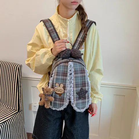 Sac à Dos Coréen à Carreaux et Dentelle Kawaii Nœud Lapin Sac d'École Grande Capacité Cuir PU Sac Voyage Avec Pendentif Ours