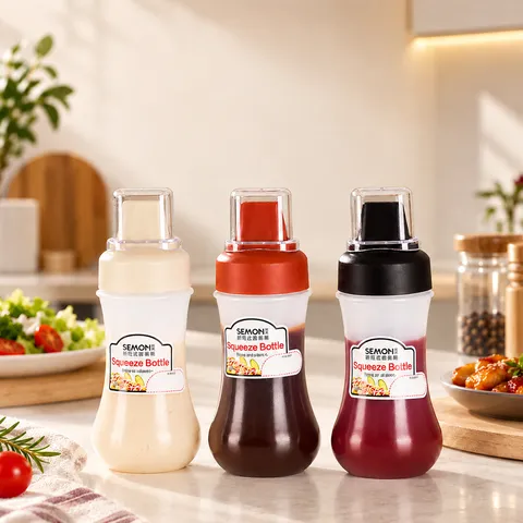 5-Hole Kitchen Squeeze Sauce Bottle With Dust Cap Clear Scale For Salad Dressing Ketchup Honey Condiment Dispenser PE Plastic Tool