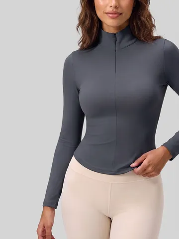 Haut de Yoga Fitness pour Femme à Manches Longues avec Demi-Fermeture Éclair Coupe Ajustée Séchage Rapide en Polyester Élasthanne