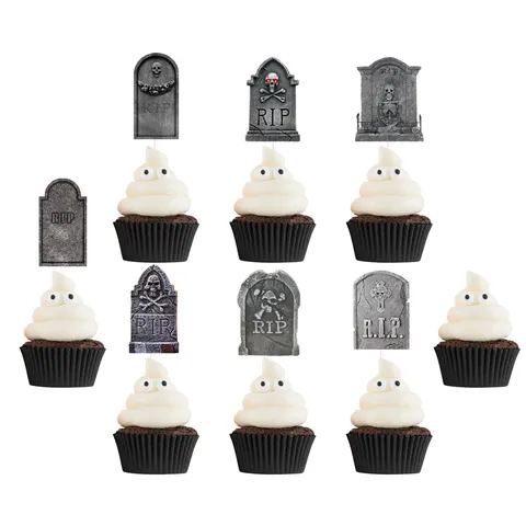 Halloween Tombstone Cupcake Toppers Paper Horror RIP Pattern Cake Picks For Party Baking Decoration Supplies