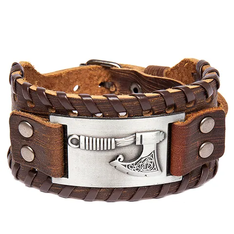 Vintage Viking Bijl Leren Armband Voor Heren Legering Totem Breed Gevlochten Leren Armband Punk Rock Verstelbare Polsband Sieraden