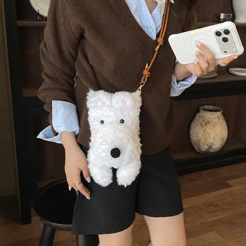 Sac à Bandoulière Mignon en Peluche en Forme de Chiot pour Femme Petit Sac à Téléphone Portable en Fausse Fourrure