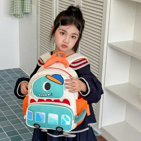Sac à Dos Scolaire Enfant Sac de Maternelle pour Garçons Filles Léger Respirant Tissu Oxford Design Bus Dinosaure Dessin Animé Petit Sac à Dos
