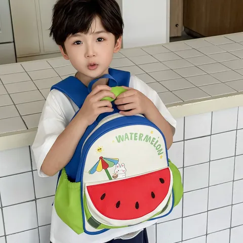 Sac à Dos Enfant Motif Pastèque Tissu Oxford Cartable Maternelle pour Garçons Filles Mignon Dessin Animé Lapin Sac d'École Léger