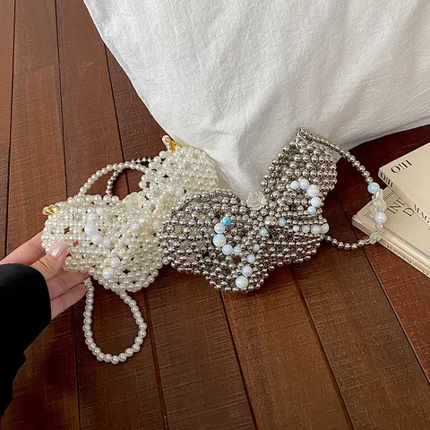 Sac à Main Perlé en Acrylique et Perles Artificielles Design de Niche pour Femmes Douce Forme de Papillon Sac à Épaule