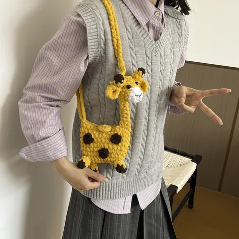Sac à Bandoulière Tissé à la Main en Forme de Girafe Design Coréen de Niche Sac à Main au Crochet à la Mode pour Femmes