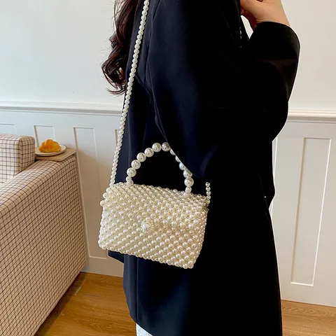Sac à Main Femme en Acrylique à Perles Artificielles Tissé Design de Niche Petit Sac Bandoulière Carré Blanc pour Fête