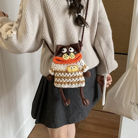 Sac de Téléphone Portable en Tricot Crocheté à la Main Sac à Bandoulière Femme Forme d'Animal Mignon Petite Pochette