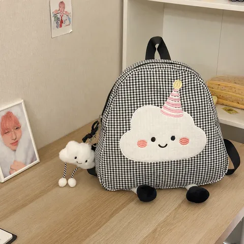 Sac à Dos Scolaire Vichy Mignon de Niche Coréen pour Filles Grande Capacité Nuage en Nylon Avec Charme en Peluche Sac à Dos Décontracté Étudiant
