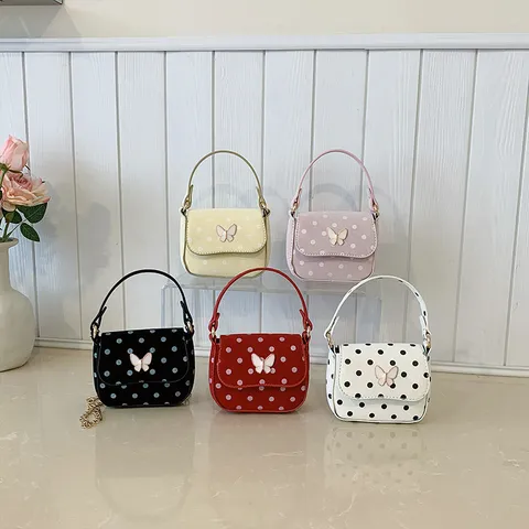 Petit Sac Carré en Cuir PU pour Femmes Décoration Papillon à Pois Sac à Main à Bandoulière à Chaîne à la Mode Design de Niche Style Coréen Mini Sac