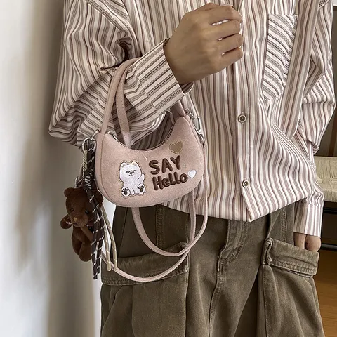 Sac Sous le Bras de Niche pour Femmes Broderie d'Ours en Velours Sac à Bandoulière Épaule Style Fille Petit Sac à Main Avec Pendentif Ours