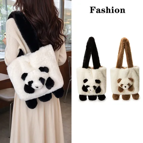 Sac Fourre-Tout Panda en Peluche pour Femmes Grande Capacité Sac à Épaule en Fausse Fourrure Mignon Sac à Main Animal Automne Hiver