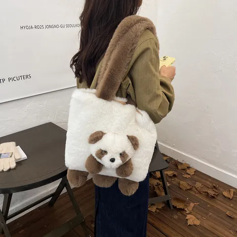Sac Fourre-Tout Panda en Peluche pour Femmes Grande Capacité Sac à Épaule en Fausse Fourrure Mignon Sac à Main Animal Automne Hiver