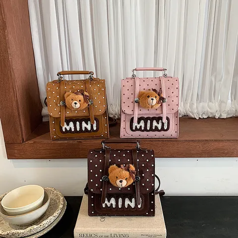 Mini Sac à Dos pour Femmes en PU Patchwork Daim à Pois Avec Charme d'Ours Rétro Sac à Dos École Décontracté