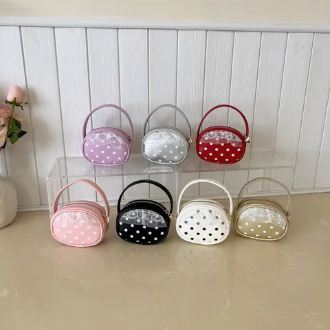 Mini Sac à Main Rond en Cuir PU pour Femmes Motif à Pois Maille Dentelle Porte-monnaie Portable Décontracté Petit Sac de Rangement