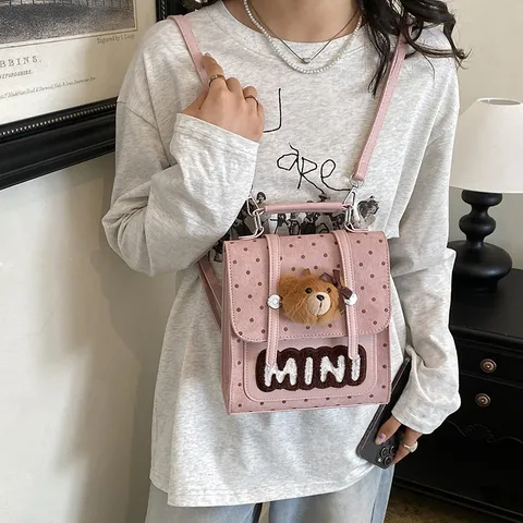 Mini Sac à Dos pour Femmes en PU Patchwork Daim à Pois Avec Charme d'Ours Rétro Sac à Dos École Décontracté