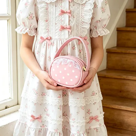 Mini Sac à Main Rond en Cuir PU pour Femmes Motif à Pois Maille Dentelle Porte-monnaie Portable Décontracté Petit Sac de Rangement