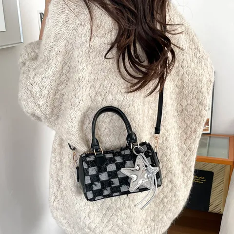 Women Fashion Denim Checkerboard Boston Bag Frayed Edges Handbag Personalized Star Pendant Crossbody Bag Trendy Girlish Barrel Bag