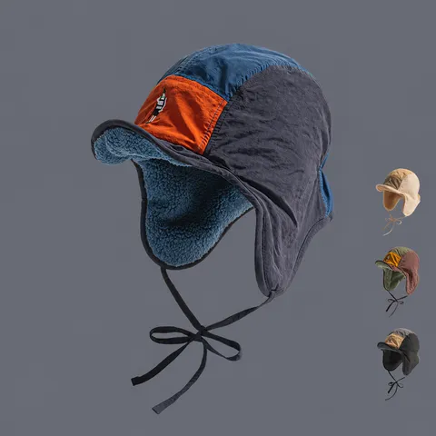 Retro-Farbblock-Trapper-Hut Winter-Fleece-Gefütterter Warmer Ohrenklappen-Hut Skifahren Pilot Bombermütze Unisex Lammwollmischung Hut
