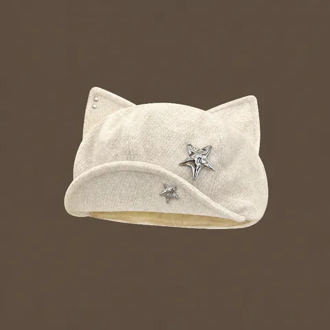 Japanische Süße Katzenohren Baskenmütze Damen Stern Dekor Maler Hut Wollmütze Winter Mode Accessoire Baskenmütze