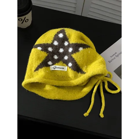 Retro Stern Polka Dot Strickmütze Slouchy Mütze Damen Winter Warme Ohrenschutz Beanie Slouchy Strick Skull Cap Große Kopfgröße