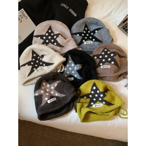 Retro Stern Polka Dot Strickmütze Slouchy Mütze Damen Winter Warme Ohrenschutz Beanie Slouchy Strick Skull Cap Große Kopfgröße